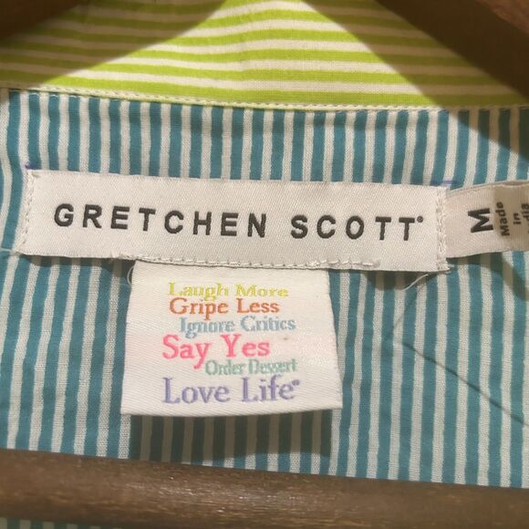 Gretchen Scott Priss Button Down Shirt-Green Stripe-3/4 Slv-Sz M-Preppy- - Picture 2 of 7